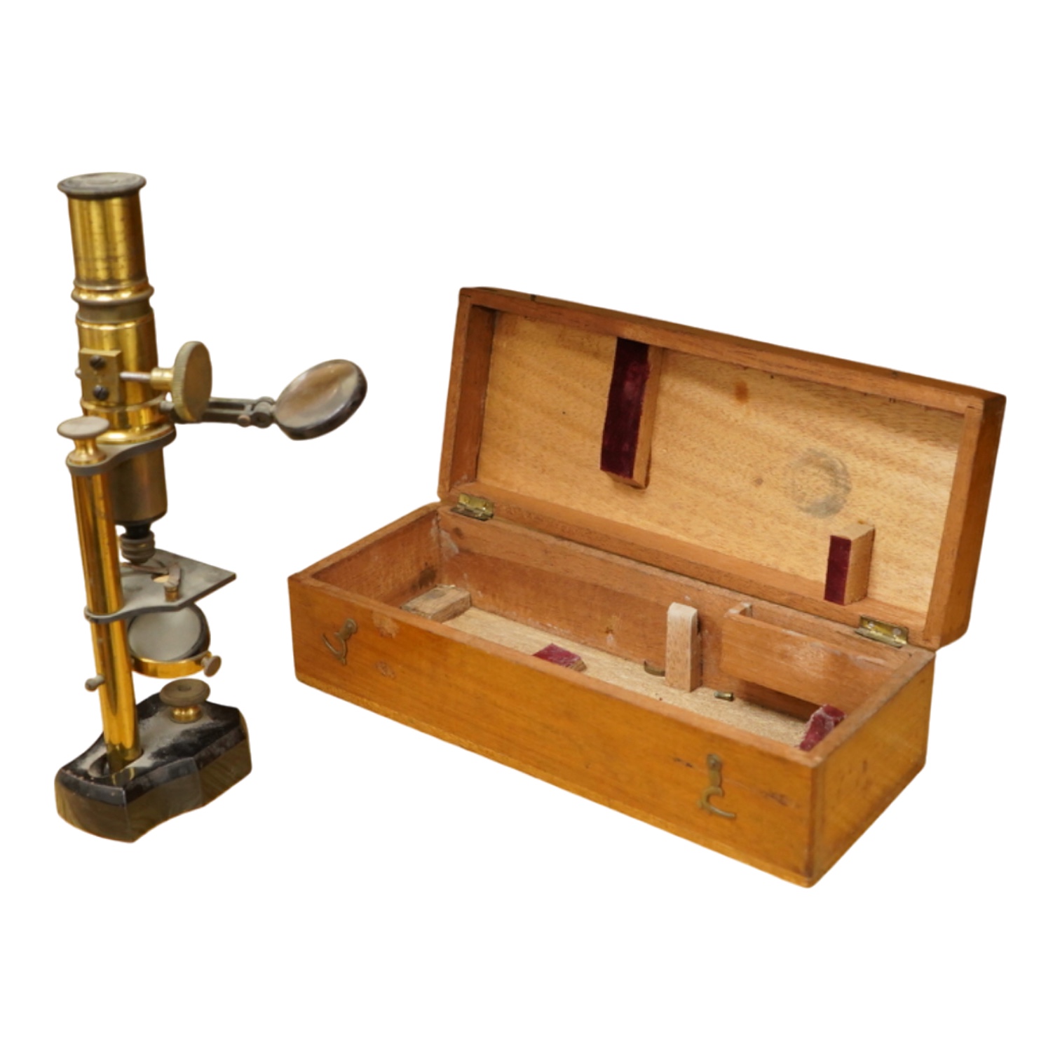 A late 19th/early 20th century French brass compound monocular microscope, height 20.5cms, together with a teak case; 23cm wide, 9cm deep, 7cm high